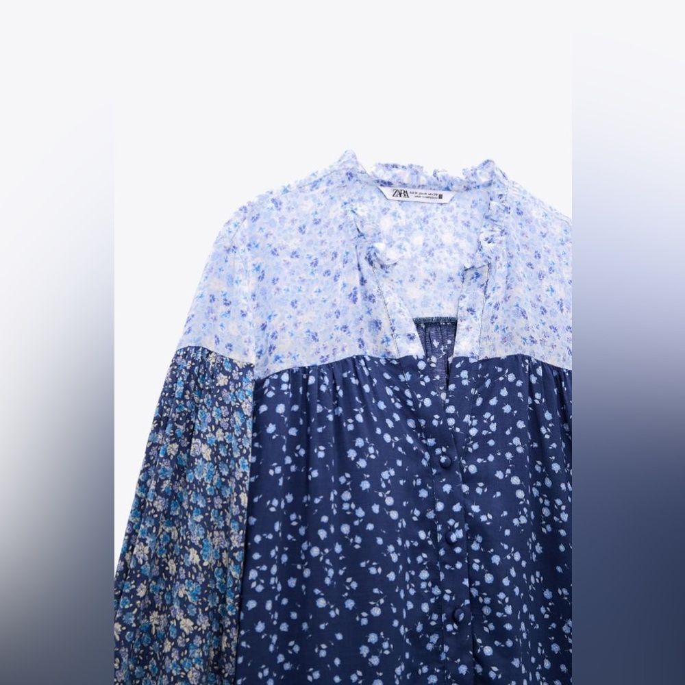 ZARA WOMENS FLORAL PRINT BLOUSE SIZE MEDIUM MULTICOLOR BLUES NWT - Picture 2 of 4